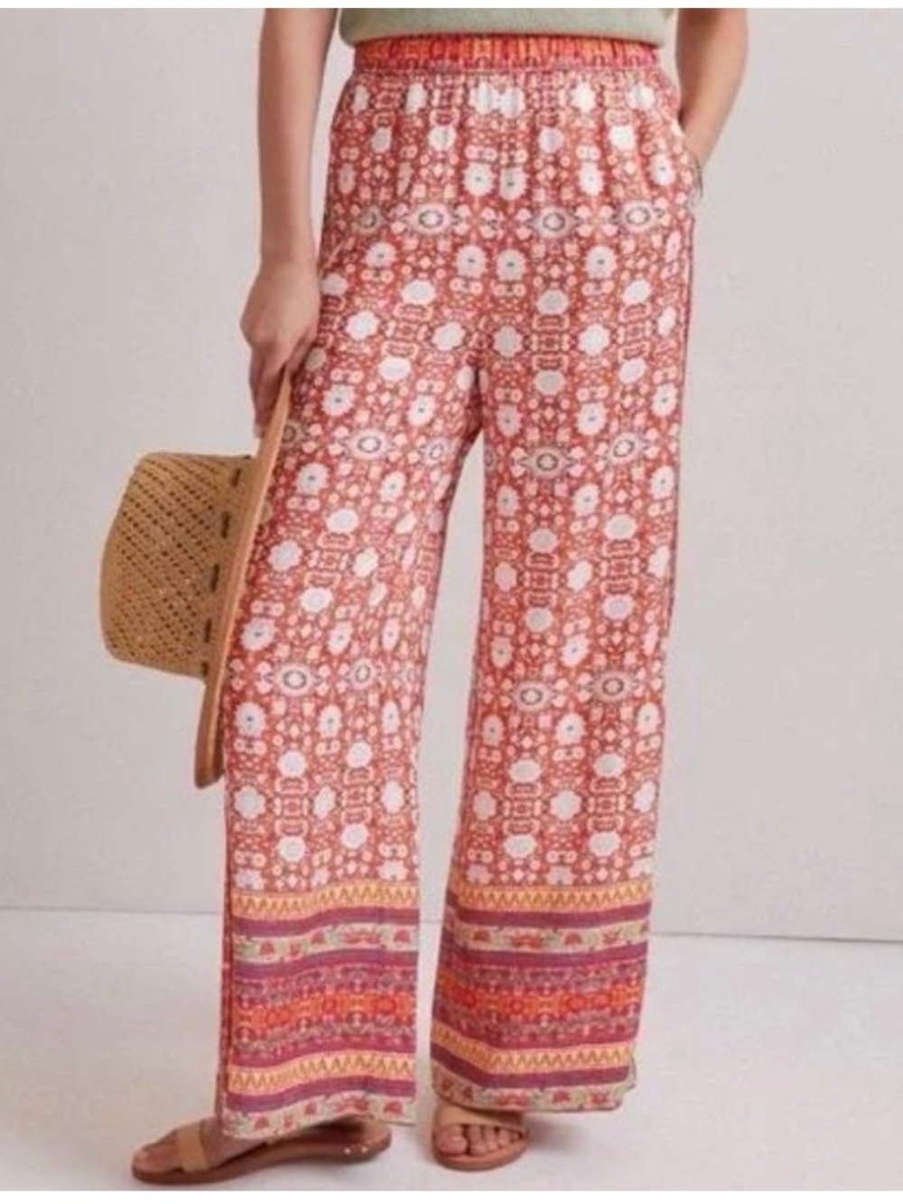 Anthropologie Coral and White Wide-Leg Printed Pants